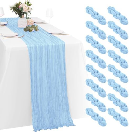 16 Pack Baby Blue Cheesecloth Table Runners 20x120 Inch Gauze Table Runner 10FT Easter Cheese Cloth Table Runner Rustic Sheer Runner for Wedding Baby Shower Birthday Party Table Decor by Yorcari