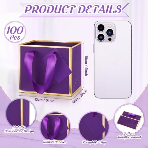 Yeaqee 100 Pcs Mini Metallic Paper Gift Bags with Handle, Purple, Gold - Image 2