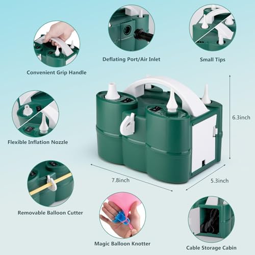 Voircoloria Balloon Pump Electric, 3-in-1 Portable Automatic Dual Nozzle Inflator 110V with Tying Tools for Birthday Gender Reveal Baby Shower Balloons Party Decorations(Green) - Image 2