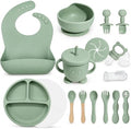 Silicone Baby Feeding Utensils Set for 6+ Months, 17 Pcs, Green by Catvegue