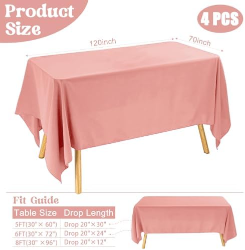 4 Pack Rectangle Tablecloth for 6 Foot Tables Washable Polyester Table Cover for Wedding Dining Table Parties Banquet（70x120 Dusty Rose） - Image 2