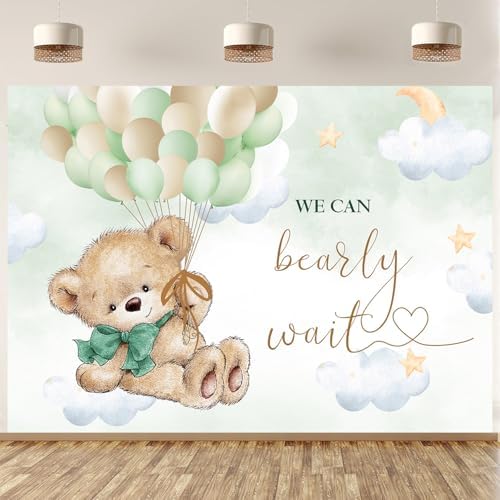 InMemory Bear Baby Shower Backdrop Sage Green Neutral Banner for Boy Girl by InMemory