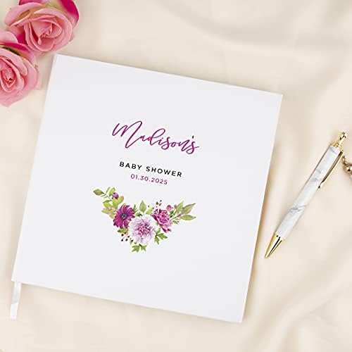 Andaz Press Personalized Baby Shower Guestbook with Gold Accents, Fuchsia Florals Custom Name, Date, White Guest Sign in Registry 120 Pages 8.5 X 8.5 Memories Book for DIY, Scrapbook, Photo Album - Image 2