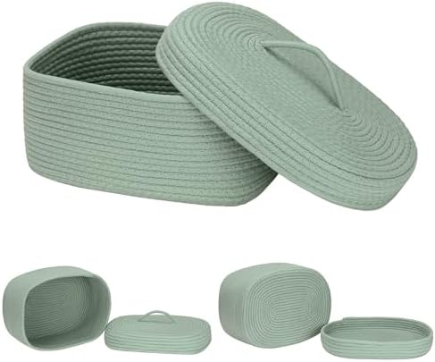 Sea Team Oval Storage Basket, Woven Cotton Rope Basket with Lid, Green - Image 6