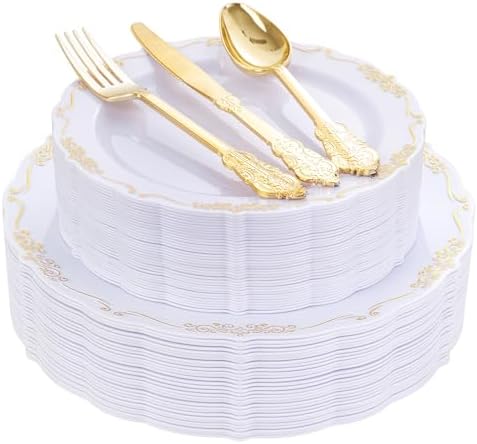 DaYammi 150Pcs White Gold Plastic Plates & Gold Plastic Silverware Set by DaYammiwillaccompanyyou