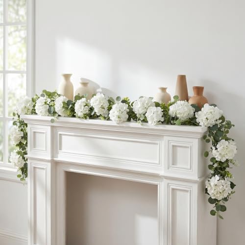 Artificial Hydrangea Flower Garland with Eucalyptus & Baby’s Breath 2PCS 6FT Floral Vines Greenery Garland for Mantel Wedding Arch Table Centerpiece Coastal Home Outdoor Decor (2, White) - Image 4