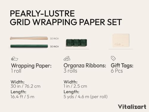 Vitalizart Green Metallic Grid Wrapping Paper Set 30" Organza Ribbon & Tags - Image 2