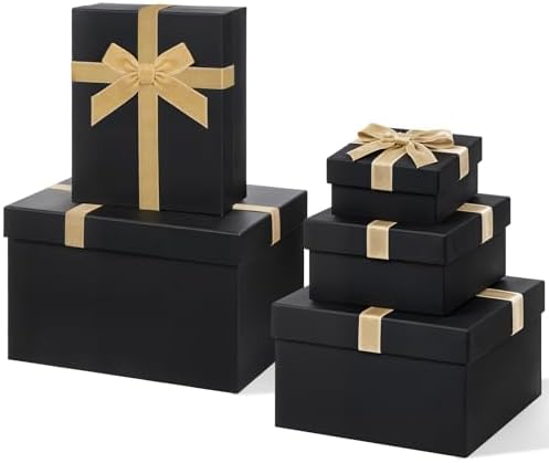 Cholemy 5 Pcs Christmas Nesting Gift Box with Lid Velvet Ribbon, Black Gold by Cholemy