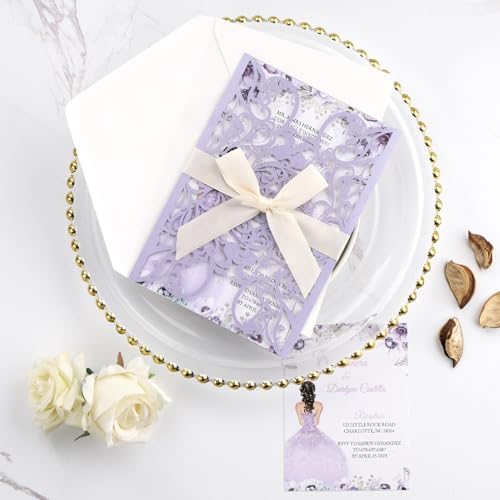 50pcs Laser Cut Wedding Invitations with Envelopes and Rsvp Cards Purple - Image 3