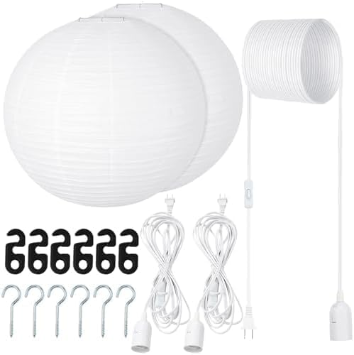 Rossesay 2 Sets Jumbo Round Paper Lanterns with Lamp Cord Cable White Hanging Paper Lanterns Chinese Japanese Pendant Hanging Lamp for Birthday Wedding Bridal Anniversary Party Decoration(20 Inch) by Rossesay