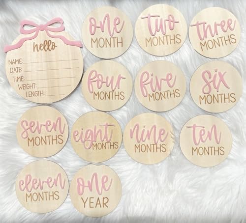 Monthly Baby Milestone Cards for Girls – 13 Wooden 3D Milestone Discs with Hello World Birth Announcement Sign – Newborn Photo Props for Baby Girl - Image 2