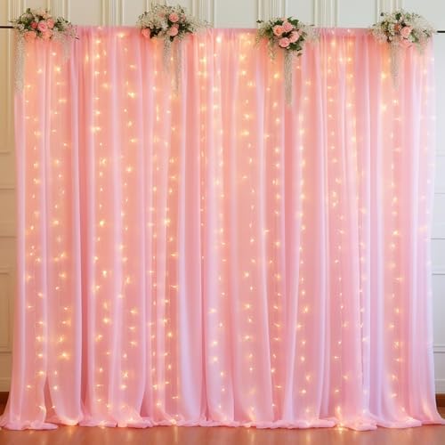 20ft x 10ft Baby Pink Chiffon Backdrop Curtain with Lights String for Parties,4 Panels Sheer Tulle Curtain Wedding Backdrop for Baby Shower Birthday Party Ceremony Reception Home Decorations - Image 7