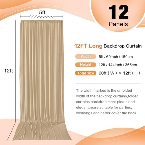 60ft×12ft Wrinkle Free Champagne Backdrop Curtain for Wedding Parties, 12 Panels 5×12ft Long Silky Polyester Fabric Backdrop Drapes Photo Back Drop Curtains for Birthday Photography Background Cloth - Image 3