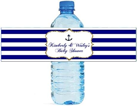 Navy Blue, White & Gold Frame with Nautical Anchor Water Bottle Labels Wedding Birthday by DesignThatSign