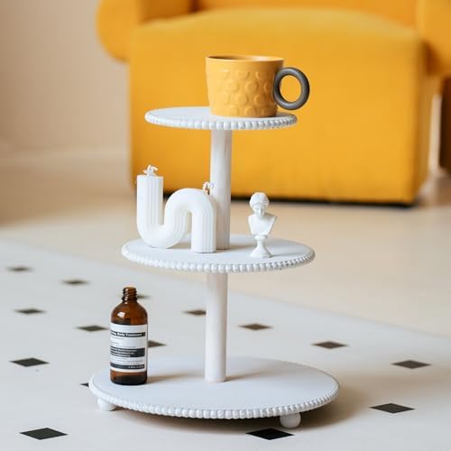 3-Tiered Cupcake Stand, White Wooden Beaded Cupcake Tower for Home Decoration, Farmhouse Cake Stand 3-Tiered Tray for Display Birthday Wedding Baby Shower Tea Party Decor - Image 5