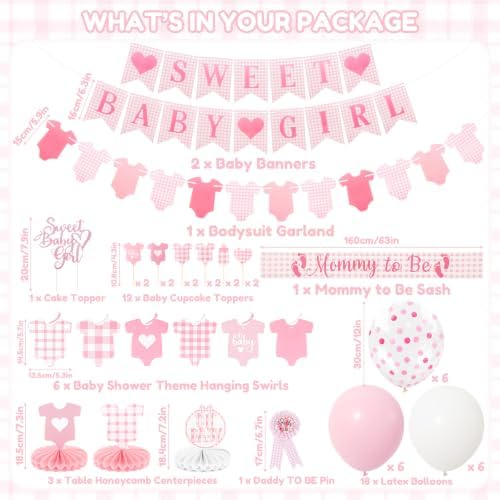 222Pcs Pink Gingham Baby Shower Decorations for Girl - Image 3