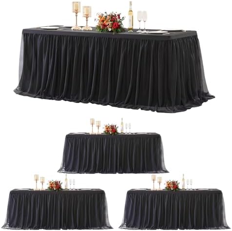 4 Pack Black Tulle Tablecloths for 8 Foot Rectangular Tables, 8ft Black Rectangle Table Cloths, Wrinkle Free Table Cover with Tutu Skirt for Wedding Birthday Party Banquet Buffet Event Decorations by Suppromo
