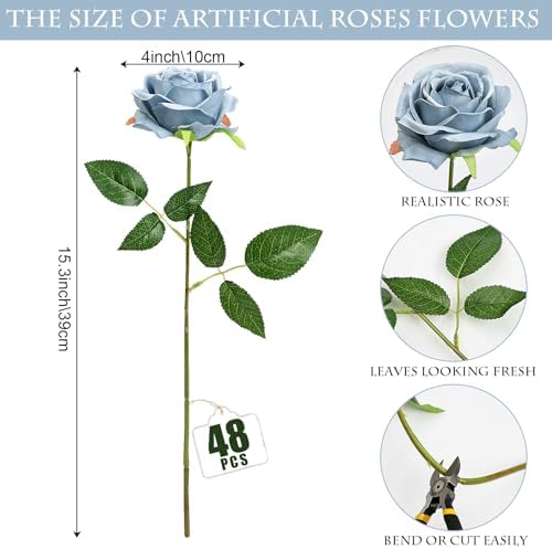 48 PCS Dusty Blue Roses Artificial Flowers, Silk - Image 2