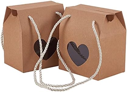 Airssory 30 Pcs 4.1x3.5x2.6" Brown Portable Handle Kraft Paper Gift Box with Heart Clear Window and Rope for Wedding Christmas Party Holiday New Year Decoration Favour Pastries Small Cakes Cookie by Airssory