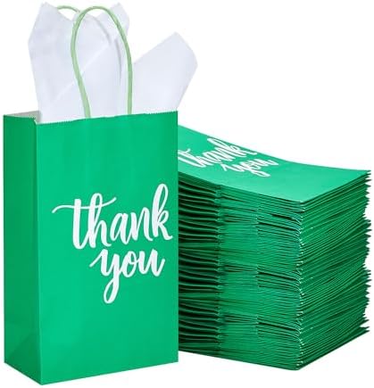 DjinnGlory 100 Pack Small Green Gift Bags with Handles 9x5.5x3.15 Inch for Boutiques, Thank You Paper Bags for Wedding Birthday Party Favors Goodies Christmas Gifts by GiftWrappingSupplies