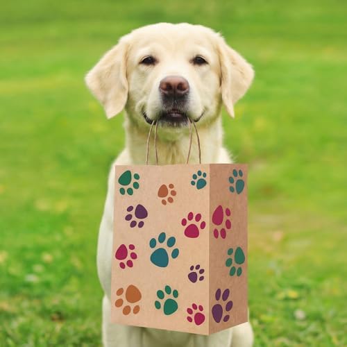 Tenceur 80 Pcs Dog Gift Bags Goodie Paw Puppy Paper Treat Bags Bulk with Handles 10.63 x 4.72 x 7.87 Inch Dog Themed Party Favors Shopping Holiday Kraft (Brown Colorful) - Image 5