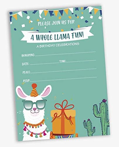 Pack of 30 Llama Kids Birthday Invitations, Boys or Girls Fill-in Style Invite, Children or Toddlers Baby First or 1st Bday Alpaca Cactus Fill in the Blank Invite Cards - Image 2