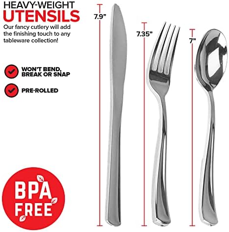 200 Pieces Pre Rolled Silver Plastic Cutlery Set, Individually Wrapped Plastic Silverware Set with 50 Forks, 50 Knives, 50 Spoons, 50 Napkins, Utensils for Weddings, Service for 50 Guests - Image 3
