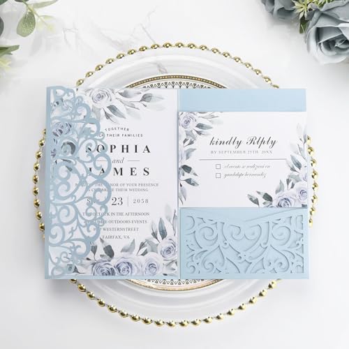 50pcs Blank Wedding Invitation Kit - Light Blue Laser Cut Invitation Pocket by AdasBridal