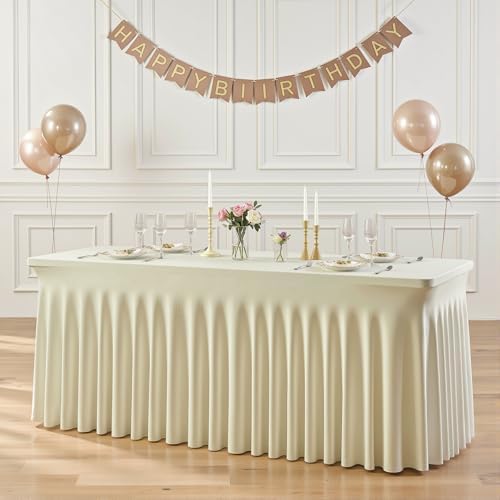Suppromo 6ft Beige Spandex Tablecloths for Rectangle Tables Wrinkle Free Beige Rectangle Table Cloth Stretch Fitted Table Cover with Skirt for Wedding Birthday Party Banquet Baby Shower Buffet Event by Suppromo