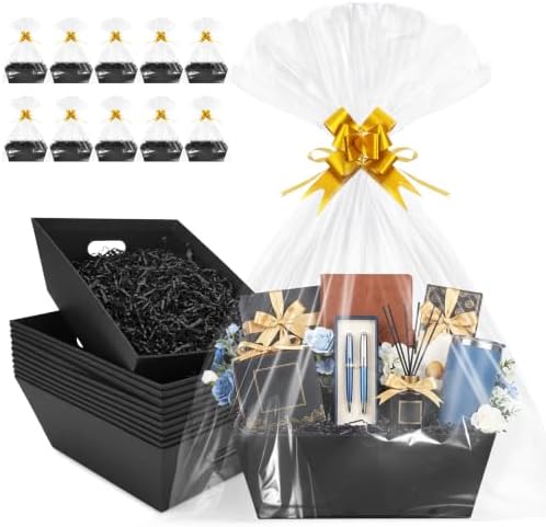 EVELOMO 10 Pack Empty Gift Baskets to Fill - 12" x 10" Large Baskets for Gifts Empty, Sturdy DIY Gifts Baskets Sets with 500g Crinkle Cut Papers for Birthdays Weddings Parties & Holidays (Black) by EVELOMO