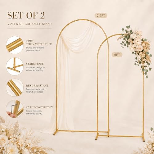 Gold Wedding Arch Backdrop Stand Set of 2, 7.2FT & 6FT Metal Arch Backdrop - Image 4