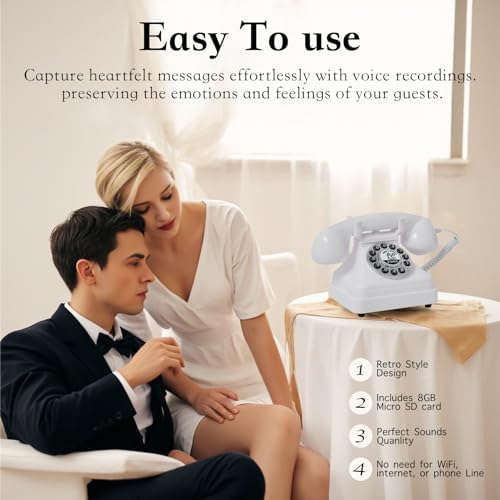 Audio Guest Book Wedding Phone,Audio Guestbook Phone Vintage Style Audio Message Voicemail for Graduation Retirement Party Birthdays Baby Shower Special Occasions (White) - Image 3