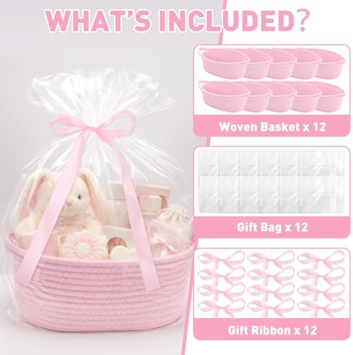Actmuen Small Woven Gift Baskets, 12 Pack Pink Rope Baskets with Gift Bags - Image 4