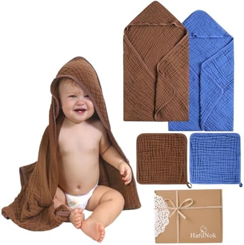 Organic Muslin Hooded Baby Bath Towel 4pc for Newborn - Navy Brown by HardNok