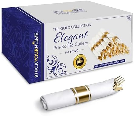 400 Pieces Pre Rolled Gold Plastic Cutlery Set, Individually Wrapped Plastic Silverware Set with 100 Forks, 100 Knives, 100 Spoons, 100 Napkins, Utensils for Weddings, Service for 100 Guests by StockYourHome