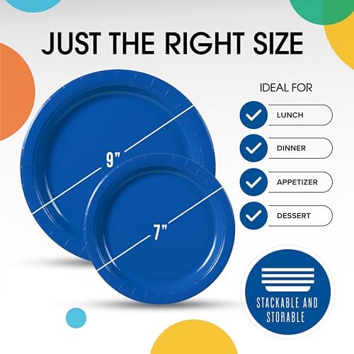 Party Solids Exquisite Dark Blue Paper Plates Disposable Heavy Duty 200 Pcs - 100-7" & 100-9" Dark Blue Disposable Plates For Party Heavy Duty 350 GSM For Birthday Supplies - Image 3