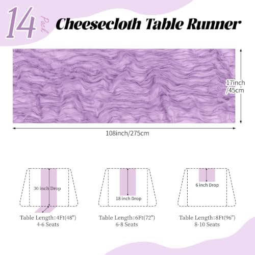 14 Pack Lavender Cheesecloth Table Runner 17x108 Inch Semi Sheer Boho Gauze Cheese Cloth Fabric Table Runners, for Wedding Party Baby Shower Birthday Home Decor Garden Farmhouse - Image 2