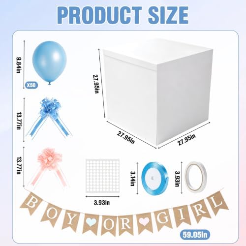 Faelhacon 28”Giant Gender Reveal Gift Box with Lid Banner 40 Pcs Blue Balloons and Ribbons Sturdy Cardboard Easy Assembly Boy Or Girl Reveal Party Decor DIY Foldable Storage(Blue) - Image 2