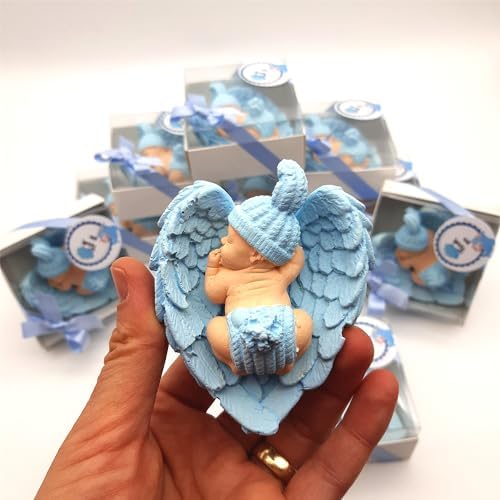 Blue Baby Shower Favor Set, 16 Stone Angel Magnets with Wings, boy Gender Reveal Thank You Tags, Baptism & Communion Favors (Blue) - Image 6