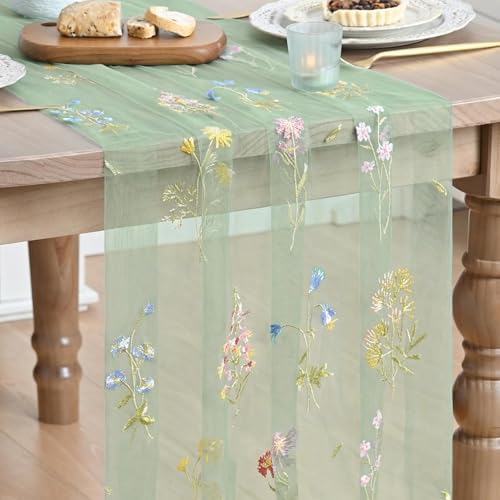 Artoid Mode 6PC Floral Sage Green Embroidery Table Runner 120 Inch 10FT by ArtoidMode
