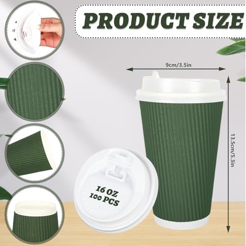Whaline 100 Pcs Woodland Themed Disposable Coffee Cups with Lids 16 Oz Brown Green Paper Cup Corrugated Ripple Wall Insulated Hot Cup for Home Office Party Supplies - Image 2