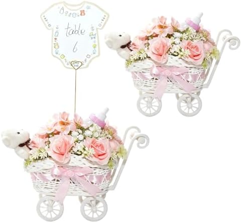 2 Pack Baby Carriage for Baby Shower Centerpiece Table with Wicker Stroller Bottle Bear Cards Rattan Artificial Rose Hydrangea Baby's Breath Floral Card Holder Decoration(Pink，16pcs) by Unknown