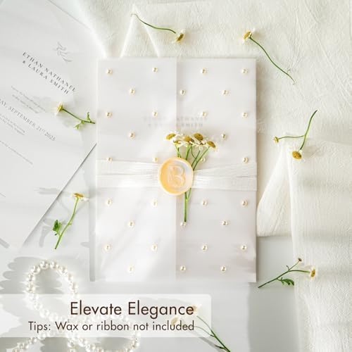 50 Pack Pre-Folded Vellum Jackets for 5x7 Invitations,AZAZA Translucent Invitation Sleeves,115GSM Vellum Jackets 5x7, Wedding Invitation Accessories, for Weddings Birthdays Baby Showers,Elegant Pearl - Image 3