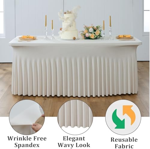 2 Pack Beige Spandex Table Clothes for 6 Foot Rectangle Tables, Wrinkle Free Fitted Table Cover 6ft Stretch Tablecloths Desk Skirt for Parties Weddings Birthday Banquet Baby Shower - Image 3