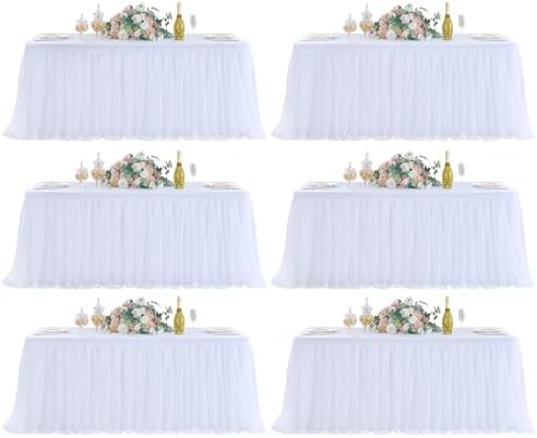 familus White Table Cloths 8 Foot Rectangle 6 Pack Stretch Ruffle Tulle Tablecloth Spandex Fitted Table Cover for 8 Foot Tulle Table Skirts for Party Wedding Table Cloths, Banquets by familus