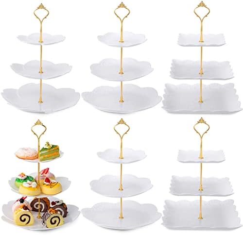 Sawysine 6 Pack 3 Tiered Serving Tray White Plastic Dessert Tower, Gold by Sawysine