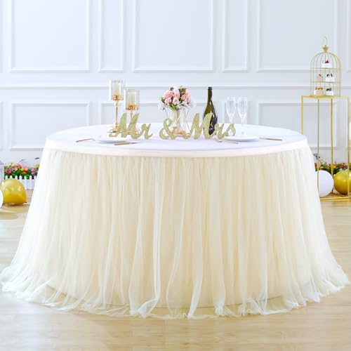 Suppromo 14ft Champagne Table Skirts for Rectangle Tables or Round Tables Champagne Tulle Tutu Table Cloths Cover for Birthday Party Wedding Baby Shower Dessert Cake Table Decorations - Image 3