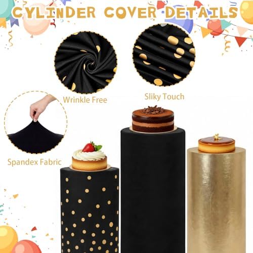 Tigeen 3 Pcs Cylinder Pedestal Stand Covers for Party Cylinder Pedestal Covers Decoration Elastic Pillars Plinth Display Cover for Birthday Wedding Baby Shower Table Decor(Classic,Gold and Black) - Image 4