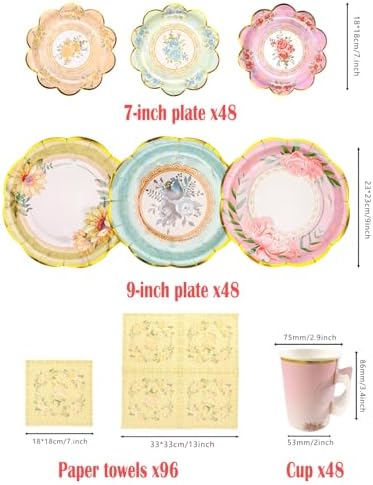 48 Set Vintage Floral Tea Cups ＆ Saucers Disposable Tea Party Supplies - Image 2