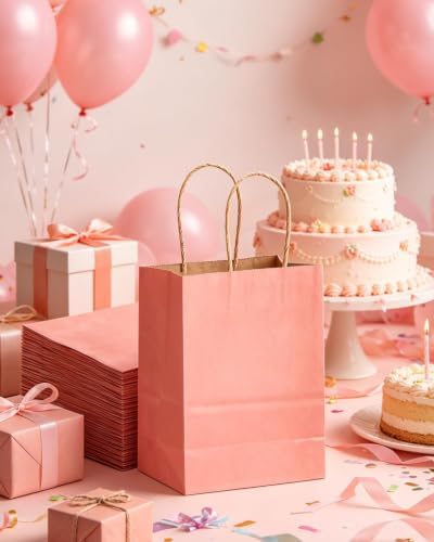 qiqee 100-Packs Light Pink Paper Gift Bags with Handles Bulk 8.26"×6"×3.15" Small Size Gift Bags Multiple Uses - Image 5